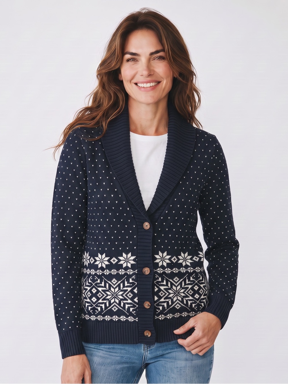 Lands’ End Fair Isle Nordic Shawl Collar Cardigan Sweater Cotton Wool Blend